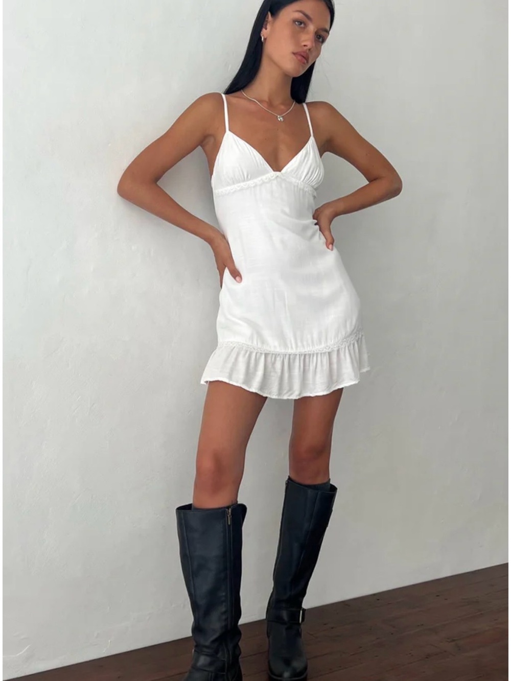 Motel Rocks White Spaghetti-Strap Ruffle-Hem Mini Dress - Picture 3 of 11